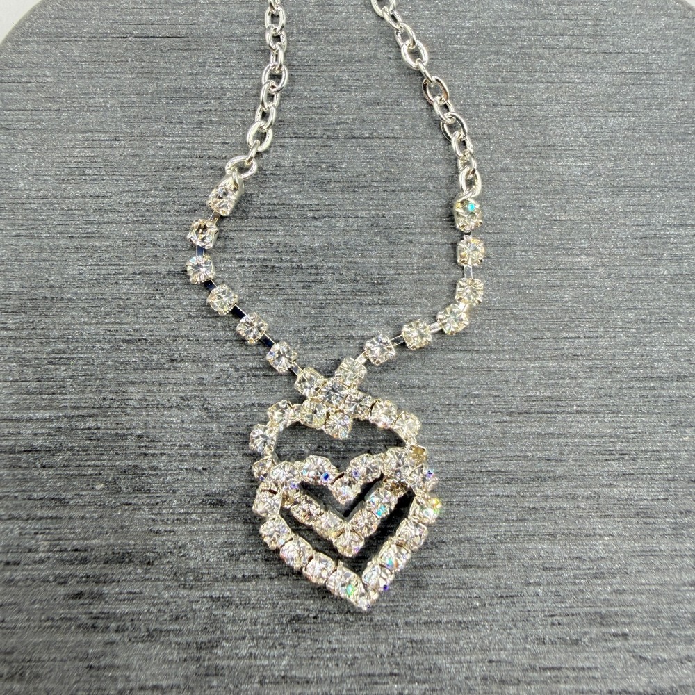 Rhinestone Double Heart Pendant Necklace Silver Tone Sparkly Costume Jewelry